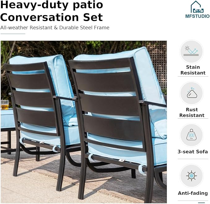 MFSTUDIO 7 Pieces Metal Patio Furniture Sets, 2 Swivel Chairs, 3-Seat Deep Seating Sofa, 2 Single Couch and 2 Ottoman, All Weather 9 Seats Outdoor Conversation Set for Garden Backyard, Blue Cushion