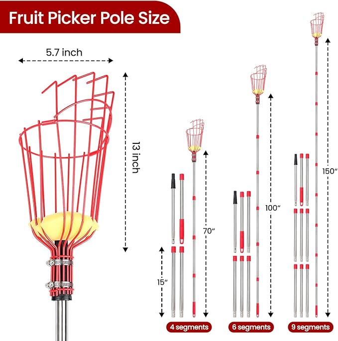 Fruit Picker Pole with Basket Segmented Fruit Picker Pole Tool for Apple Avocado Cherry Lemon Mango Orange Peach Picking(40-160") 12FT