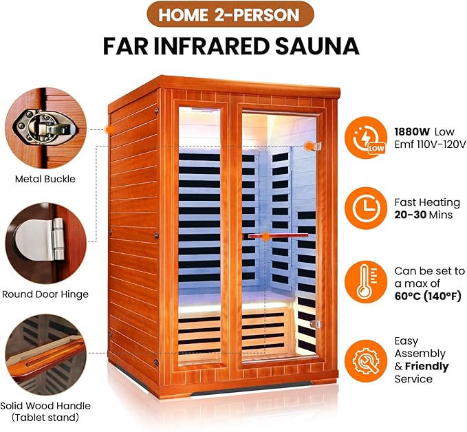 2 Person Sauna Infrared Sauna Room Far Infrared for Sauna Home Indoor 1880W/110V Low-EMF Wood Okoume Dry Sauna Two Person Sauna with Air Hole, 7 Color Therapy, Speaker (47.2 * 41.3 * 74.8 in)