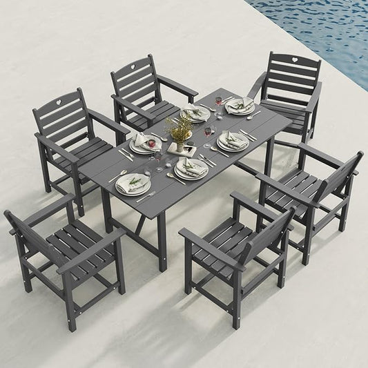 Patio Table and Chairs Set with Umbrella Hole, HDPE Patio Dining Set for 6, Outdoor Dining Set for Lawn, Patio, Porch, Deck, Poolside, Yard (Grey, 7-Piece)