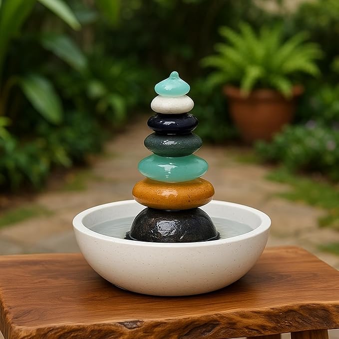 Natural Septuple Rock Cairn Water Fountain with Glass - Indoor Tabletop Water Fountain - Natural Stone & Recycled Glass Water Feature for Home and Office Decor