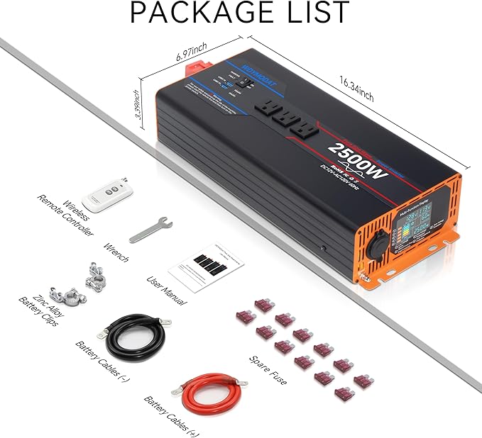 2500W Pure Sine Wave Inverter, Car Power Inverter 12V to 110V 120V, DC to AC Converter Generator with AC Outlets 3.0A USB Type-C, Remote Controller LCD Display Truck Inversor for Vehicles, RV