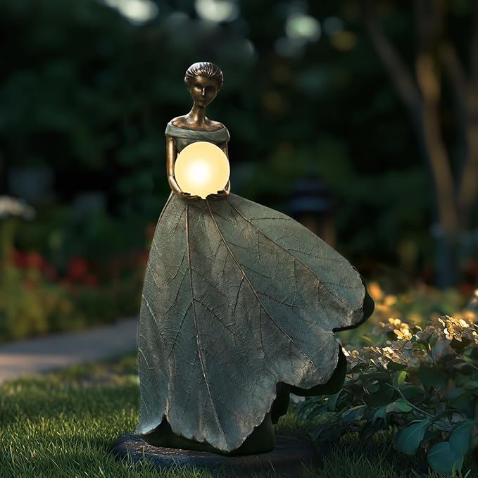 DiliComing Solar Fairy Garden Statue 22 Inch Resin Garden Decor - Large Outdoor Yard Figurine for Patio Lawn, Waterproof Garden Statue Gift for Women, 14x11x22.5 Inch