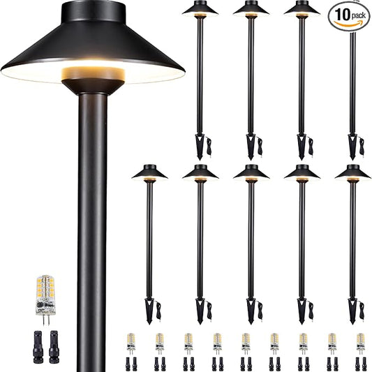 Gardenreet Brass Landscape Path Lights - 12V Low Voltage Pathway Light IP65 Waterproof, LED Outdoor Walkway Lighting Wired, Black for Patio Lawn with 3W 2700K Warm White G4 Replaceable Bulb (10 Pack)