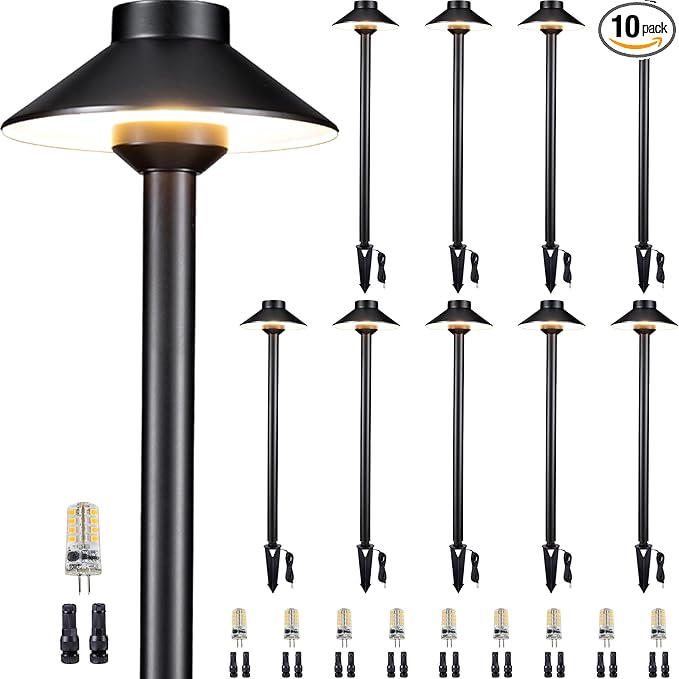 Gardenreet 12V Brass Landscape Path Lights - LED Low Voltage Pathway Lamp IP65 Waterproof, Outdoor Walkway Lighting Wired, Hat Black for Patio Lawn with 3W 270LM 5000K Daylight G4 Bulb (10 Pack)