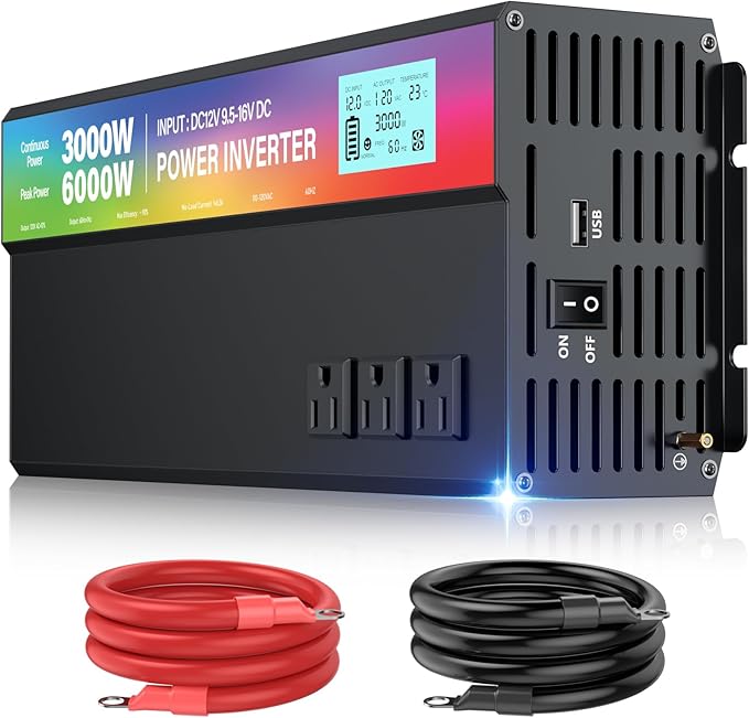 3000W Power Inverter,Peak Power 6000W 12V DC to AC 110V120V,with 3 AC Outlets and 3.4 A USB Port,LED Display for Power Converter,Outdoor Activities,Emergency,Vehicles Truck RV Solar System