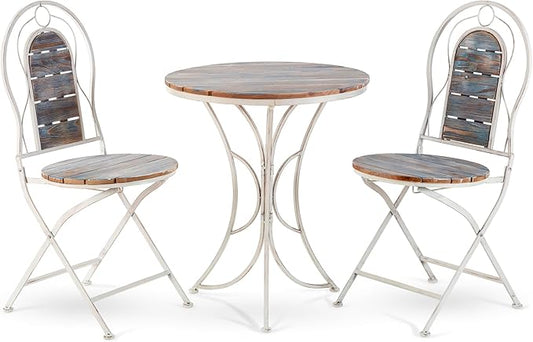 Alpine Corporation Indoor/Outdoor 3-Piece Wood and Metal Bistro Set Table and Folding Chairs Patio Seating