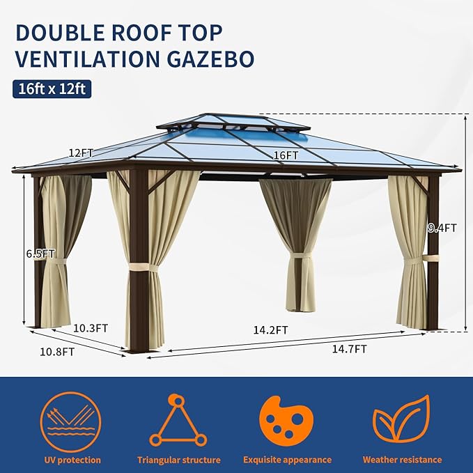 12'x16' Hardtop Gazebo, Outdoor Polycarbonate Double Roof Canopy, Aluminum Frame Permanent Pavilion with Curtains and Netting, Sunshade for Garden, Patio, Lawns