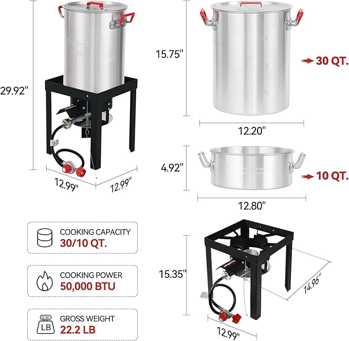 Creole Feast TFP1030 30 Qt. Turkey Fryer and 10 Qt. Fish Fryer Kit with 50,000 BTUs Propane Burner, Outdoor Deep Fryer & Seafood Boiler Steamer for Outdoor Cooking, Silver & Black