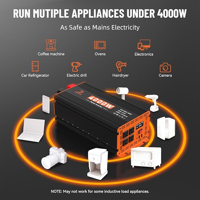 4000W Power Inverter 12V DC to 110V/120V AC Converter for RV/Truck/Boat/Camping/Off-Grid Solar Car Power Inverter Peak Power 8000W with 4 AC Outlets,USB & Type-C Port, Remote Controller & LCD Screen