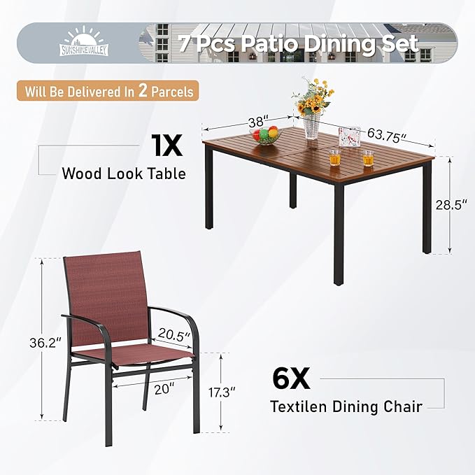 7 Piece Outdoor Dining Set, Rectangular Wood-Like Table with Umbrella Hole, Patio Dining Set for Outdoor Kitchen Lawn Garden, Backyard, Deck