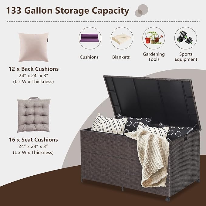 HAPPYGRILL 133 Gallon Outdoor PE Wicker Storage Box Rattan Deck Container with Waterproof Liner and 2 Universal Wheels, Garden Furniture Container Box for Cushions Garden Tools