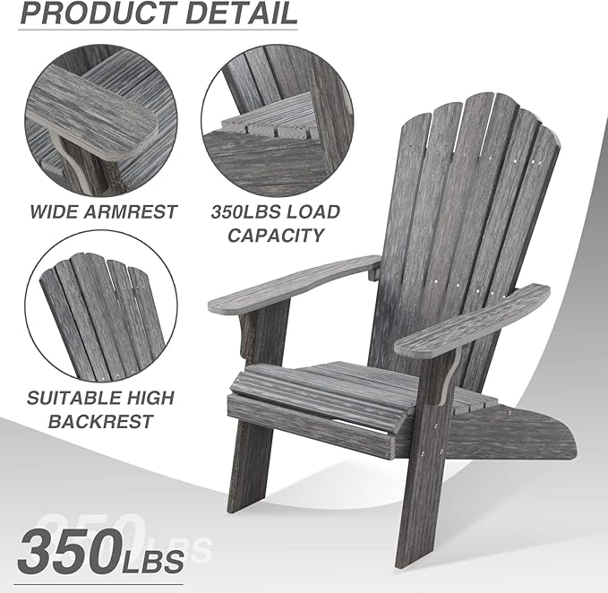 Adirondack Chair Set of 2, Outdoor Oversized Patio Chair Poly Lumber Weather Resistant & Durable Fire Pits Chair for Poolside,Lawn and Garden,350lbs Weight Capacity (Grey)