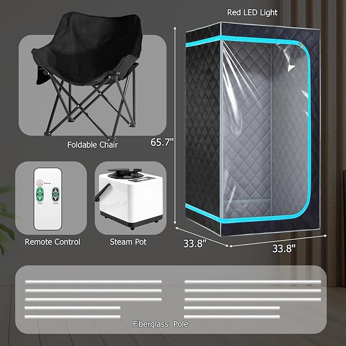Portable Steam Saunas,Full Body Steam Sauna Box with 3L Steamer Pots for Home Spa,Sauna Tents 16 Levels 99 Minutes with Remote Control,Foldable Chair 33.8''x 33.8''x 65.74''