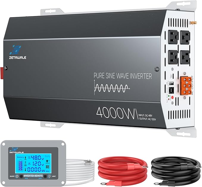 48V 4000 Watt Pure Sine Wave Inverter 48V DC to 110V 120V AC Converter,8000W Peak Power Inverter with 4 AC Outlets,USB Port,Type-C,Remote Control LCD Display for Truck,RV,Vehicles,Solar Off-Grid