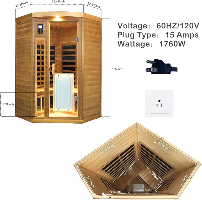 2-3 Person Infrared Sauna, Red Cedar Wood Low EMF Far Infrared Saunas for Home, 1760watt Indoor Personal Sauna Roombox with Door Heating Panels, Outdoor Lamps, Blue-Tooth, Dual Control