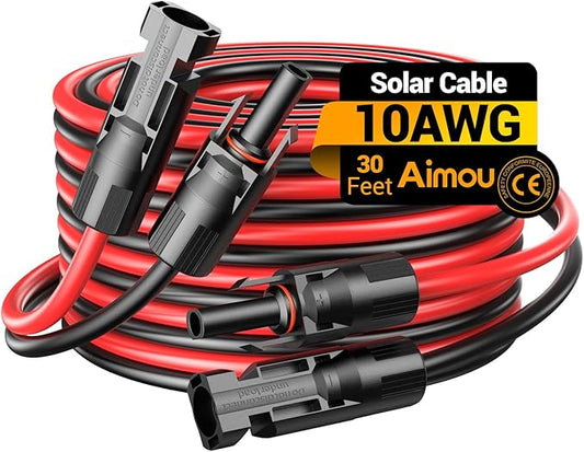 30FT 10AWG Solar Extension Cable, 10 Gauge Solar Panel Wire with Female and Male Connectors for Outdoor RV, Off-Grid Photovoltaic Systems (Black+Red)