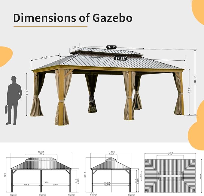 Domi 12' X 18' Hardtop Gazebo Outdoor Metal Gazebo with Galvanized Steel Double Roof Canopy, Wood Grain Aluminum Frame, Curtains and Netting for Patio, Deck, Garden