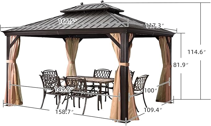 PURPLE LEAF Hardtop Gazebo 10' X 14' Metal Roof with Netting and Curtains Hard Top Backyard Patio Gazebos Permanent Canopy Deck Garden Hot Tub Outdoor Pavilion