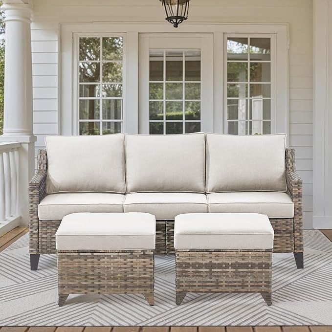 3-Piece Outdoor Bistro Set - Wicker Sofa With High Back, Ottomans, and Comfy Cushions - Rattan Conversation Set for Patio