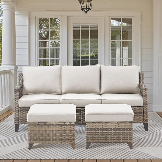 3-Piece Outdoor Bistro Set - Wicker Sofa With High Back, Ottomans, and Comfy Cushions - Rattan Conversation Set for Patio