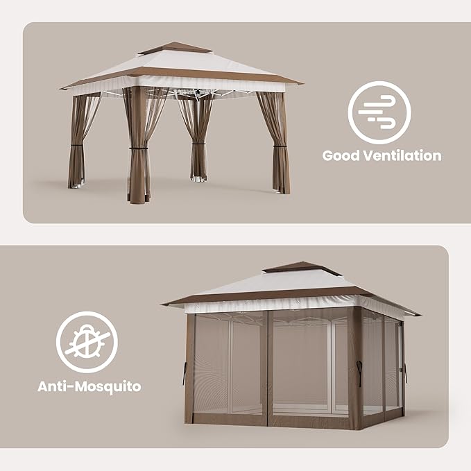 Bealife 11x11 Pop Up Gazebo Tent with Mosquito Netting, Outoor Canopy Tent with 4 Sandbags, 8 Stakes, 4 Ropes, Roller Bag, Pop Up Canopy Tent for Lawn Backyard Garden Deck, Beige
