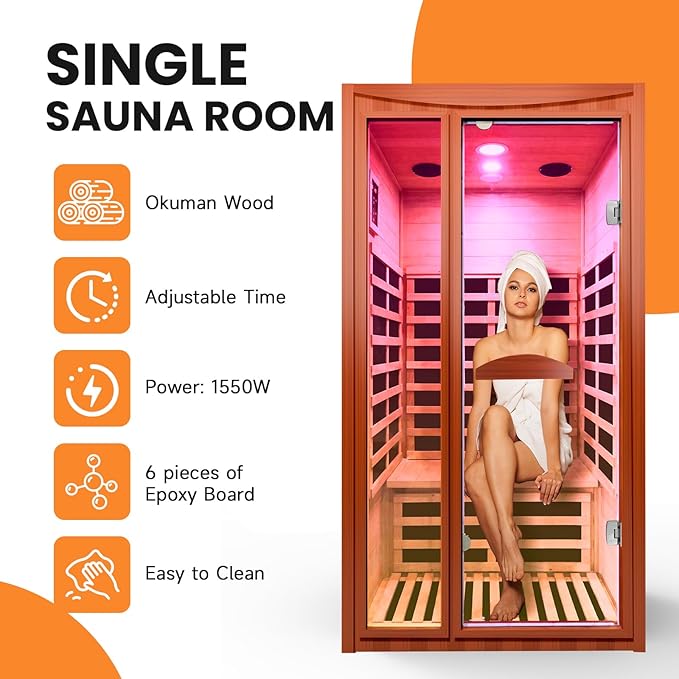 Far Infrared Intdoor Sauna Okoume Wooden Saunas Spa 1550W Dry Sauna Room for 1-2 Person with Bluetooth 7 Color Light 39.37 * 35.43 * 74.8 inch