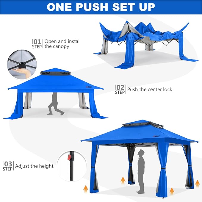 ABCCANOPY 13x13 Pop Up Gazebo, Outdoor Canopy Tent, Instant Screened Shelter with Mosquito Netting for Patio, Garden, Backyard, Party, Camping (Royal Blue)