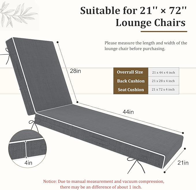 Chaise Lounge Cushions Outdoor Furniture 72 x 21 Inch Olefin Patio Lounge Chair Cushions 4'' Thick Waterproof Outdoor Chaise Cushion Weather Resistant Pool Lounger Cushion (Gray)