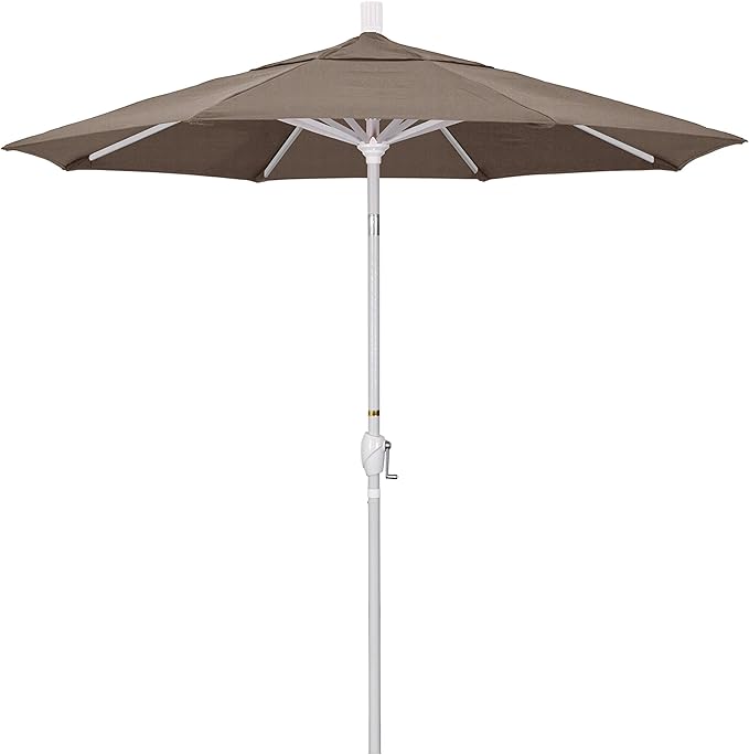 California Umbrella 7.5' Round Aluminum Market Umbrella, Crank Lift, Push Button Tilt, White Pole, Woven Sesame Olefin