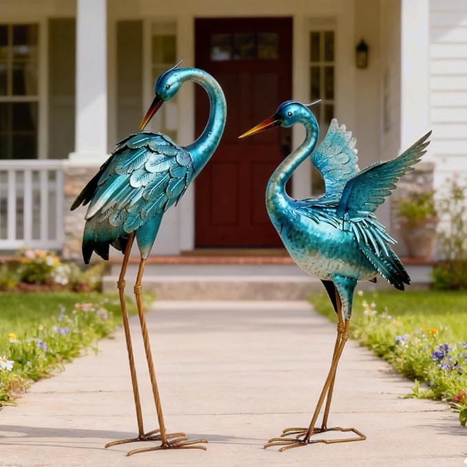 Garden Crane Statues for Outdoor Blue Heron Metal Birds Yard Art Ornaments for Backyard Pond Patio Porch Outside Decorations