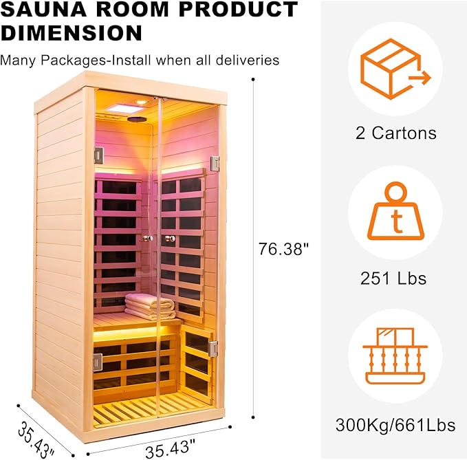 Indoor Infrared Sauna, 1 Person Hemlock Wood Low EMF Far Infrared Saunas, Personal Sauna Room Box with APP Control, Glass Door, Blue-Tooth, LCD, LED Reading Light, 7-Color Light Therapy
