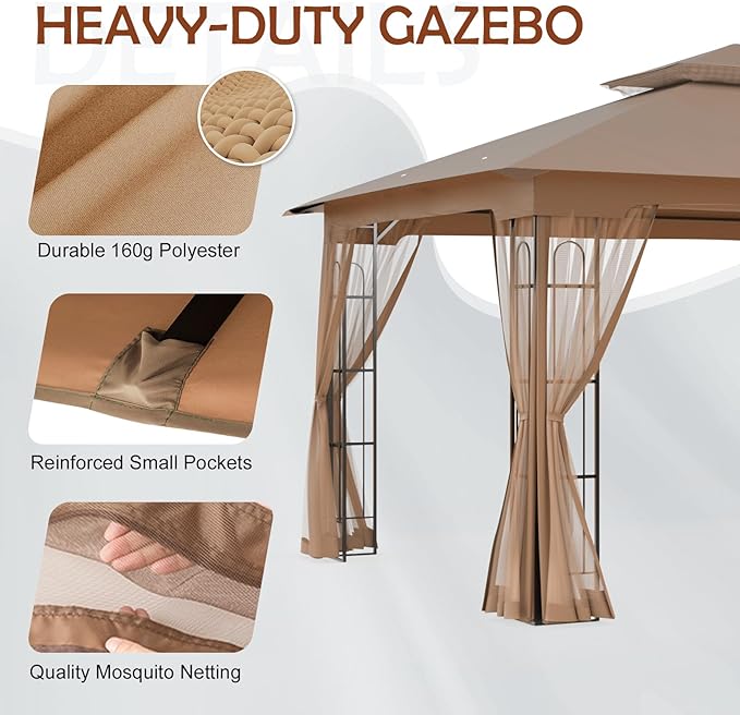 COOS BAY 10x12 Outdoor Patio Gazebo with Netting, Two-Tier Soft Top Canopy for Backyard, Lawn, Deck and Garden, Brown