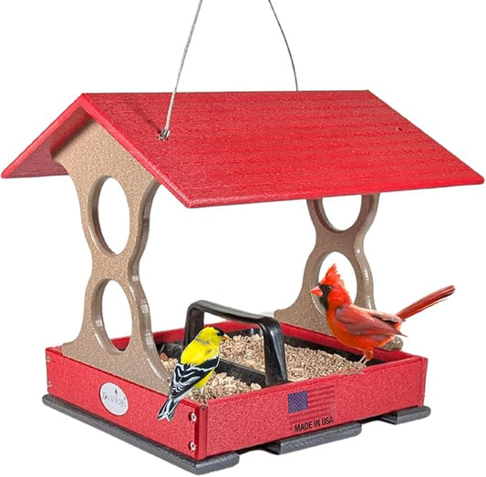 JCS Wildlife Medium Poly Fly-Thru Bird Feeder w/Removable Seed Tray - Holds 4 Cups of Bird Seed to Attract Cardinals, Chickadees, and More Backyard Birds (Red and Tan)