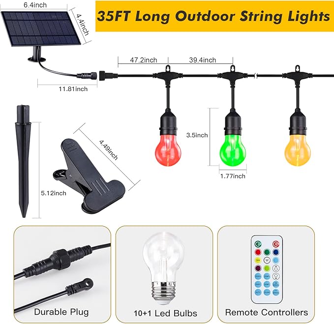 Auroraworld 35FT Solar RGB Outdoor String Lights, Dimmable Waterproof LED Patio Lights with Remote, 11 Shatterproof Edison Bulbs for Cafe Garden Party Decor