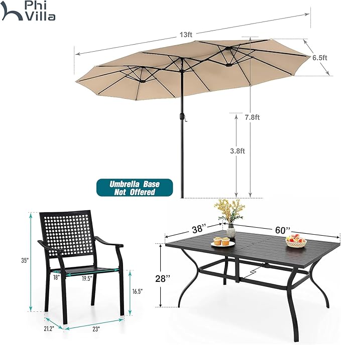 PHI VILLA 7 Pieces Patio Dining Set for 6 with 13ft Large Patio Umbrella, Metal Outdoor Stackable Wrought Iron Chair Set of 6 & 60"X38" Metal Dining Table,Market Table Beige Umbrella