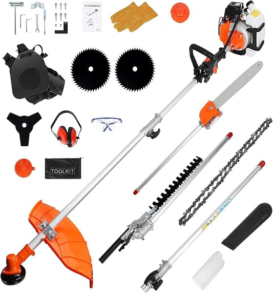 52CC Gas Weed Wacker, 6-in-1 2-Stroke String Trimmer and Brush Cutter, Multifunction Grass Trimmer, Lawn Edger, Hedge Trimmer, Pole Saw for Yard, Lawn, Garden and Landscaping (Gas Powered 52cc Orange)