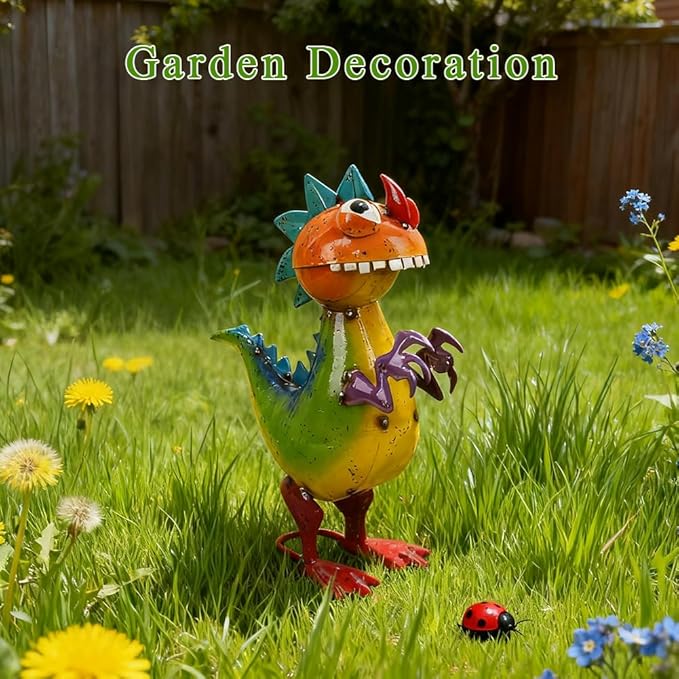 Metal Dinosaur Statue Outdoor Garden Decor - Wacky Dino Yard Art Gift, Funny Dinosaur Sculpture for Patio, Lawn, Backyard- Unique Dino Figurine for Birthday, Housewarming, Christmas
