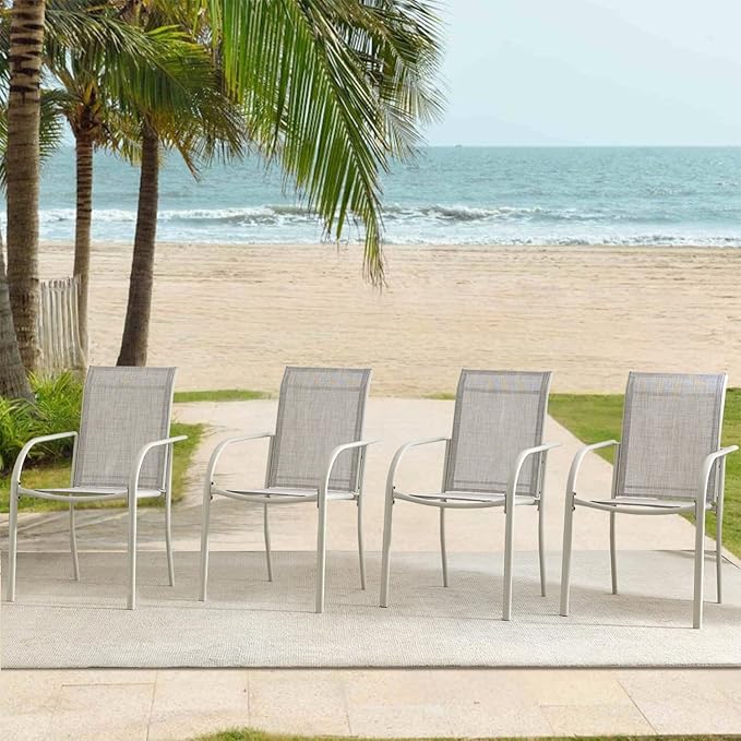 Outdoor Dining Chairs Set of 8, Stackable Patio Chairs with Textilene Fabric, Lightweight Garden Chairs for Poolside, Backyard, Camping, Grey