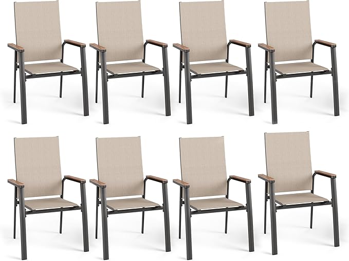 PHI VILLA Outdoor Stackable Chairs, Patio Chairs Set of 8, Light Weight Aluminum Frame with Textilene Fabric & Wood Armrest, High Back Deck Chairs for Poolside Lawn Garden, Beige