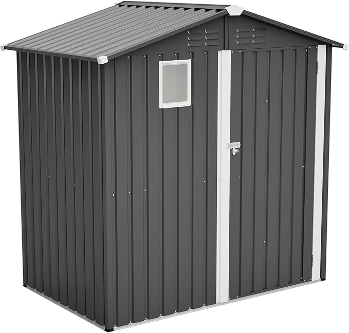 6x4 FT Shed Outdoor Storage Metal Large Garden Tool Sheds with Lockable Doors Gable Roof Window Waterproof Utility Equipment Sheds for Backyard Patio Lawn, Grey (No Floor Frame)