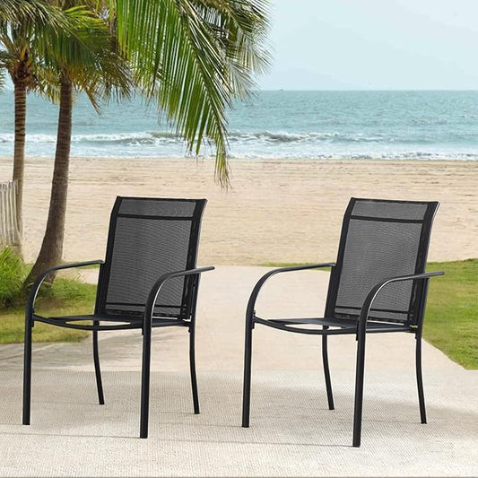 Outdoor Dining Chairs Set of 2, Stackable Patio Chair with Textilene Fabric, Lightweight Garden Chairs for Poolside, Backyard, Camping, Black