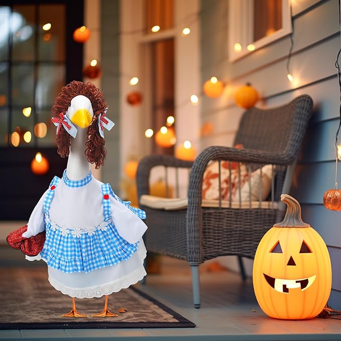 Abbylike Halloween Porch Goose Outfits Blue and White Gingham Wizard Dress Costume Porch Yard Goose Outfits Costume Clothes Fits Large 23'' Cement for Garden Yard Statue Pathway Decorations