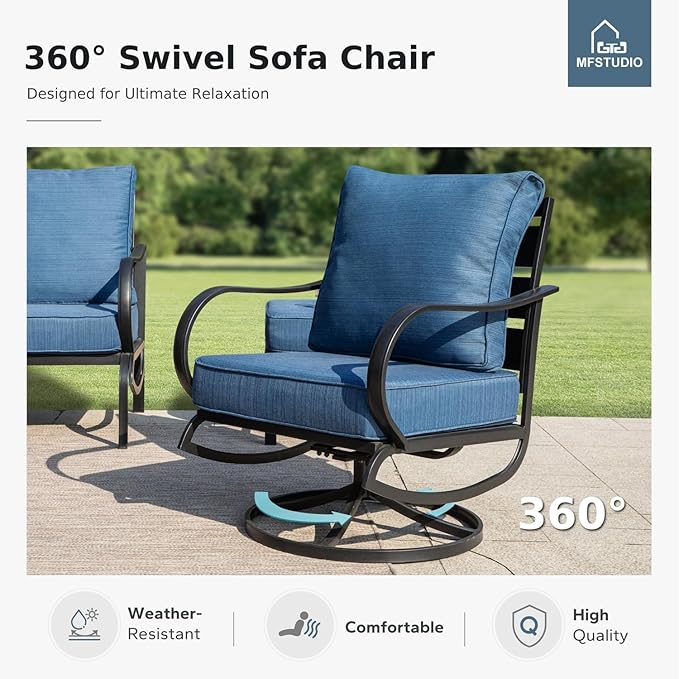 MFSTUDIO 4 Piece Patio Conversation Sets, All Weather Metal Frame Outdoor Furniture Set Patio Sofas with 1 x 45 Rectangular Fire Pit Table,1 x 3-Seat Sofa, 2 x Swivel Chairs, Peacock Blue Cushion