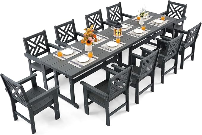 12 Piece HDPE Outdoor Dining Set for 10, Patio Dining Furniture Set with 2 Table and Umbrella Hole, Outdoor Table and Chairs for Garden, Poolside, Backyard, Deck
