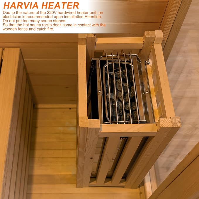 3 Person Wooden Steam Sauna Room, Red Cedar Luxurious Indoor Sona House with 6 KW Harvia Heater, Wi-Fi Controller, Bluetooth Speaker, Wooden Bucket, Scoop, Reading Light, 220V