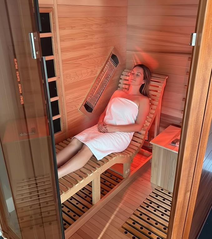 Corner Sauna 1 Person, Infrared Wooden Sauna, Luxurious Canadian Hemlock Home Saunas, 2300 W 8 Heating Element, Low EMF Full Size Indoor Spa(Left Recliner)