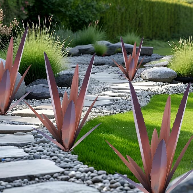 EROCK 2 Pcs Tequila Rustic Sculpture, Wind Resistant Metal Agave Plant Outdoor Home Decor, DIY Rustic Hand Painted Metal Agave Garden Art Plant Country Sculpture Statue Patio Stake Lawn Ornament Gift