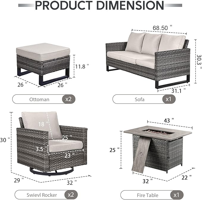 6 Piece Wicker Patio Furniture with Fire Pit Table - Outdoor Conversation Set with 50,000 BTU Fire Pit, All Weather Rattan Patio Set for Deck Backyard Garden - Grey Wicker Beige Cushion