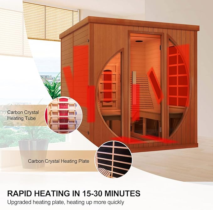 Infrared Wooden Sauna Room with Recliner, 2 Person Infrared Home Sauna, 220V，3400W, 5 Heating Tubes, 4 Carbon Crystal Heating Panel, Bluetooth Speakers, 7 Color Light, Oxygen Bar